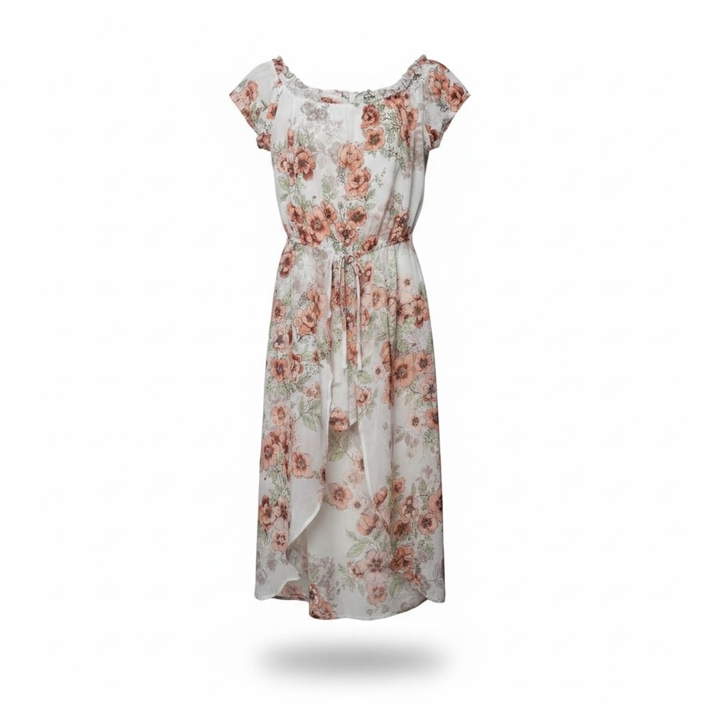 Bebop‎ Womens Floral High-Low Romper Dress Vacation Orange White Ruffle Neck M